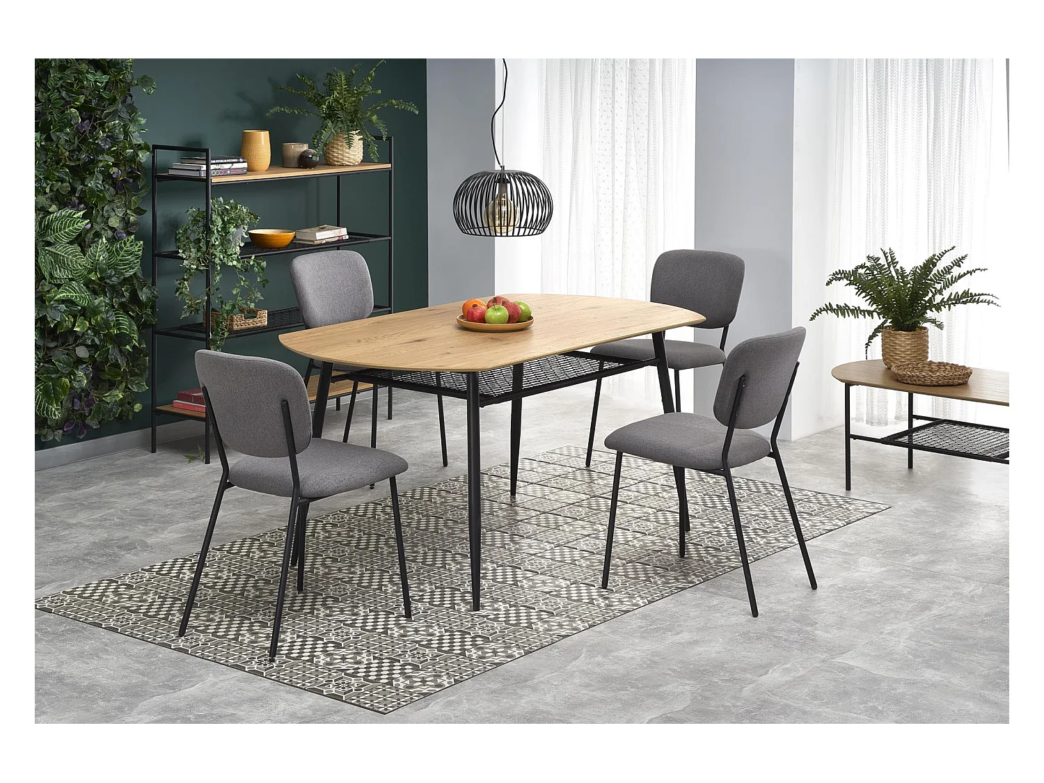 Table de salle à manger aspect chêne doré avec étagère en rotin et pieds en métal noir CEBREN