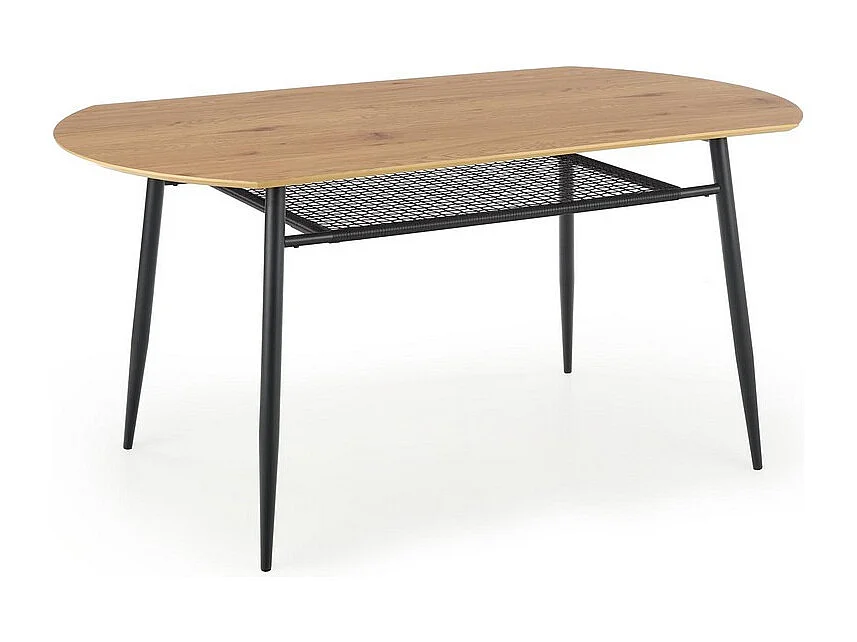 Table de salle à manger aspect chêne doré avec étagère en rotin et pieds en métal noir CEBREN