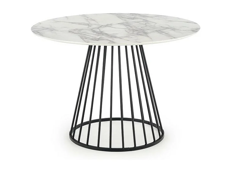 Table ronde avec plateau aspect marbre blanc et pied central design en métal noir DAGAN