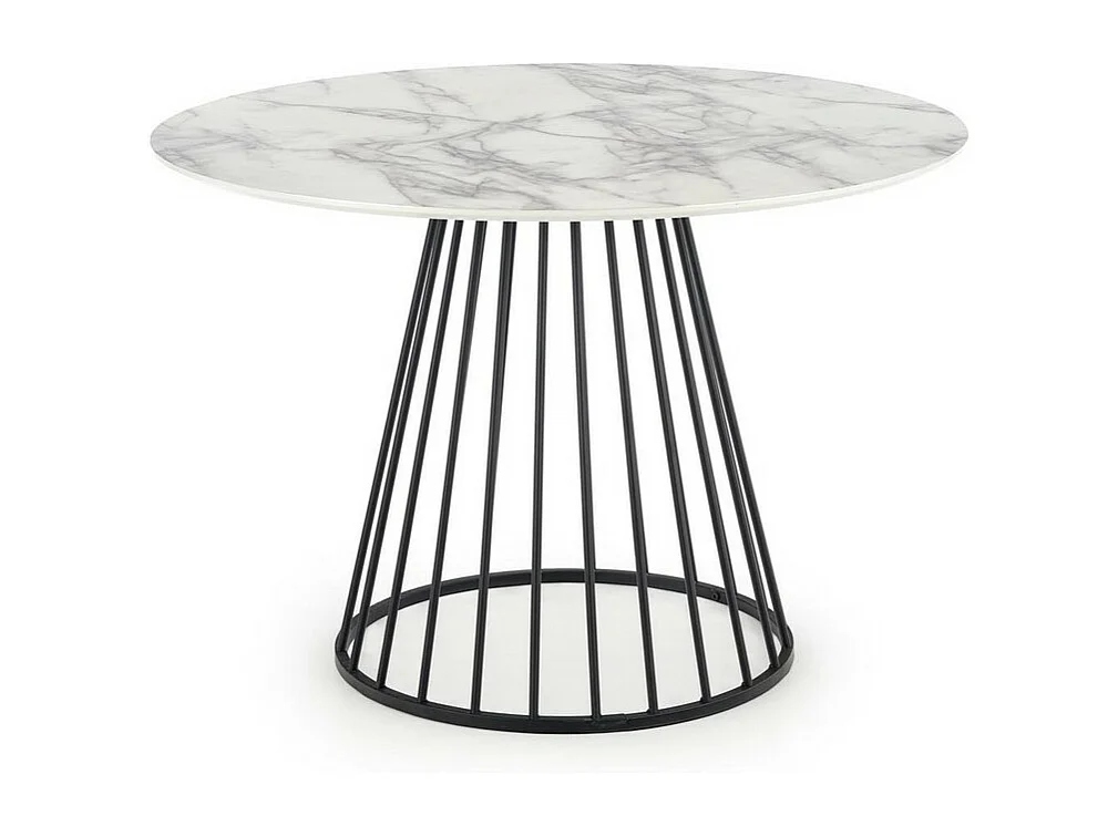 Table ronde avec plateau aspect marbre blanc et pied central design en métal noir DAGAN