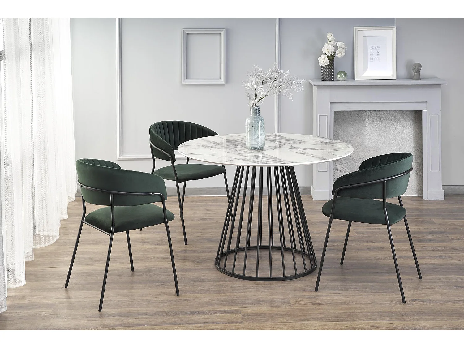 Table ronde avec plateau aspect marbre blanc et pied central design en métal noir DAGAN