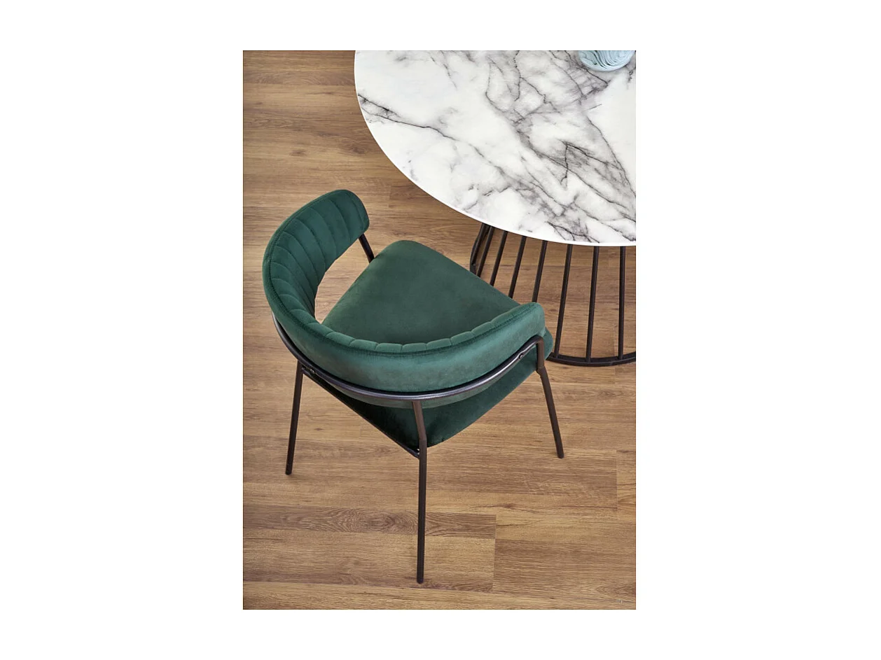 Table ronde avec plateau aspect marbre blanc et pied central design en métal noir DAGAN