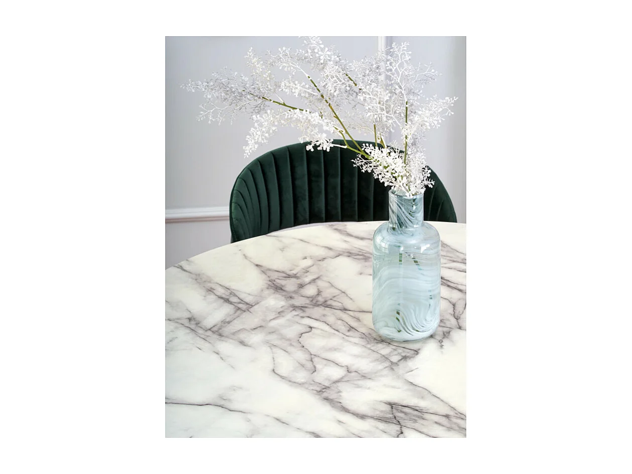 Table ronde avec plateau aspect marbre blanc et pied central design en métal noir DAGAN