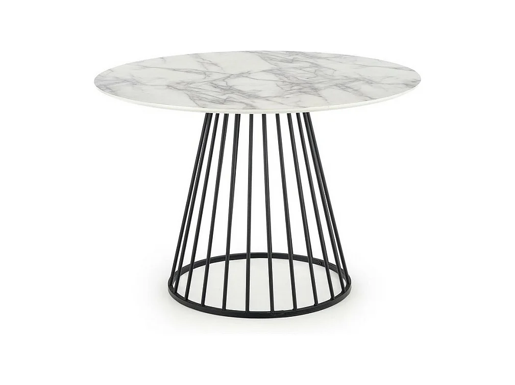 Table ronde avec plateau aspect marbre blanc et pied central design en métal noir DAGAN