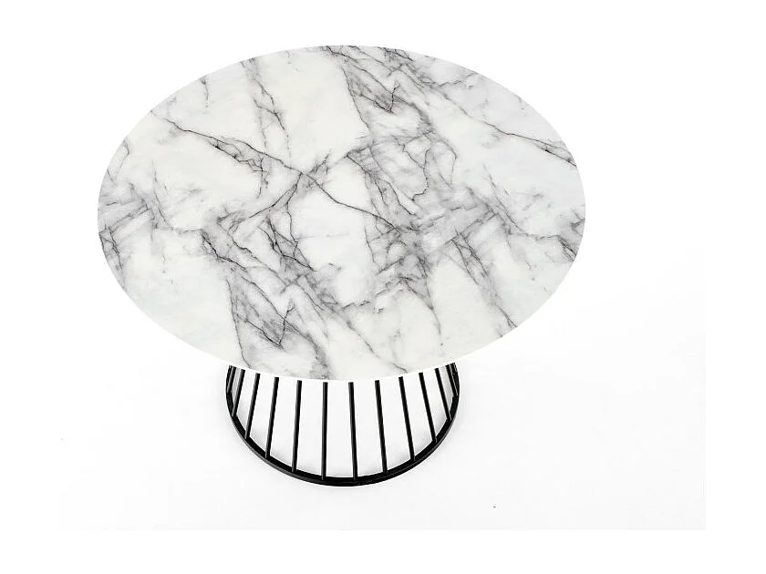 Table ronde avec plateau aspect marbre blanc et pied central design en métal noir DAGAN