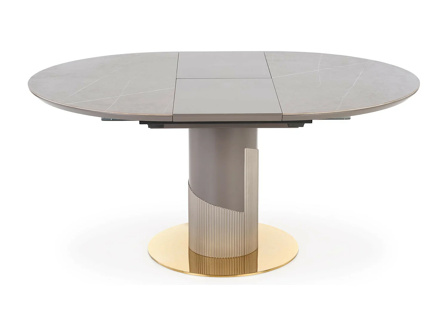 Tavolo rotondo allungabile con piano in simil marmo e gamba centrale RAM