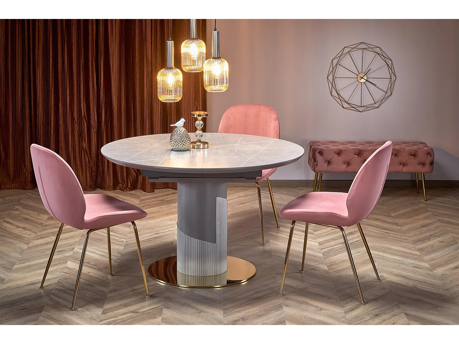 Tavolo rotondo allungabile con piano in simil marmo e gamba centrale RAM