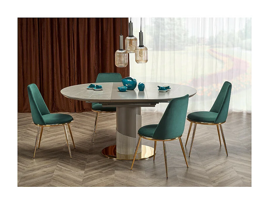 Tavolo rotondo allungabile con piano in simil marmo e gamba centrale RAM