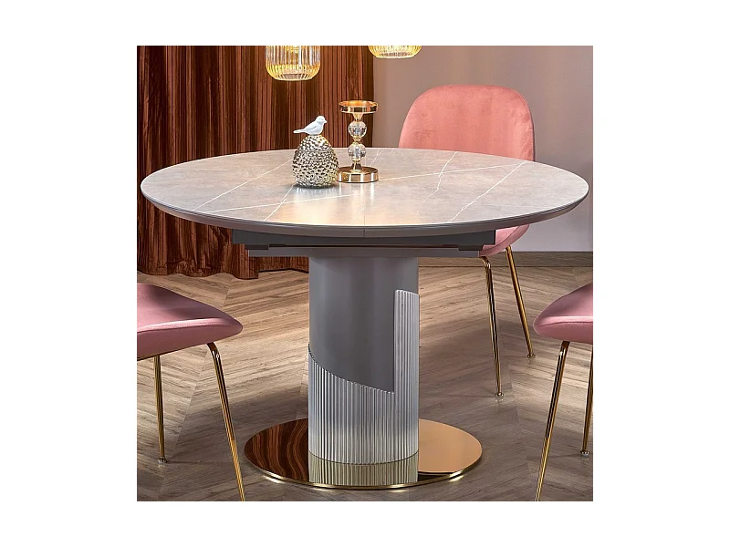 Table ronde extensible avec plateau aspect marbre et pied central RAM