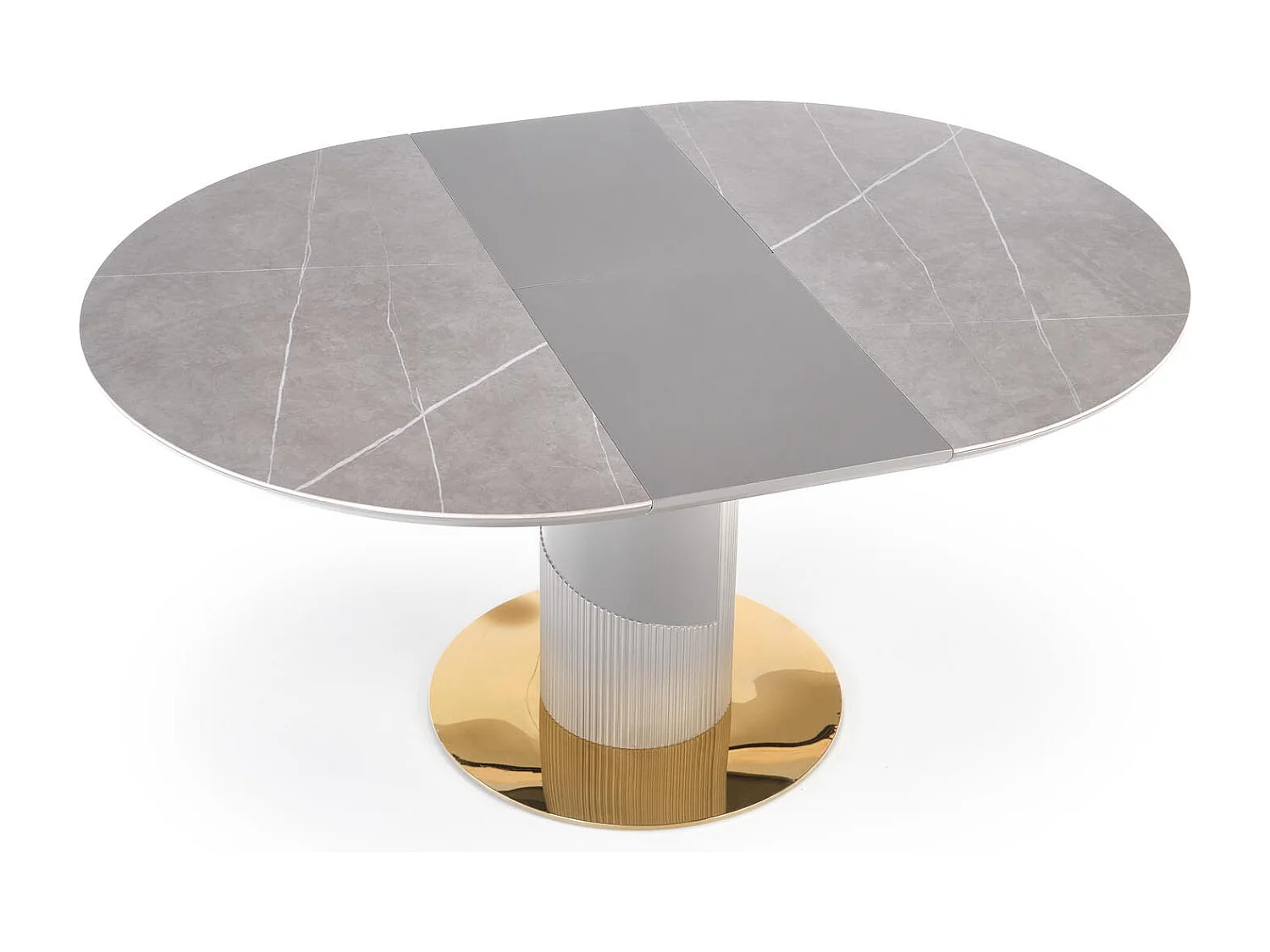 Tavolo rotondo allungabile con piano in simil marmo e gamba centrale RAM