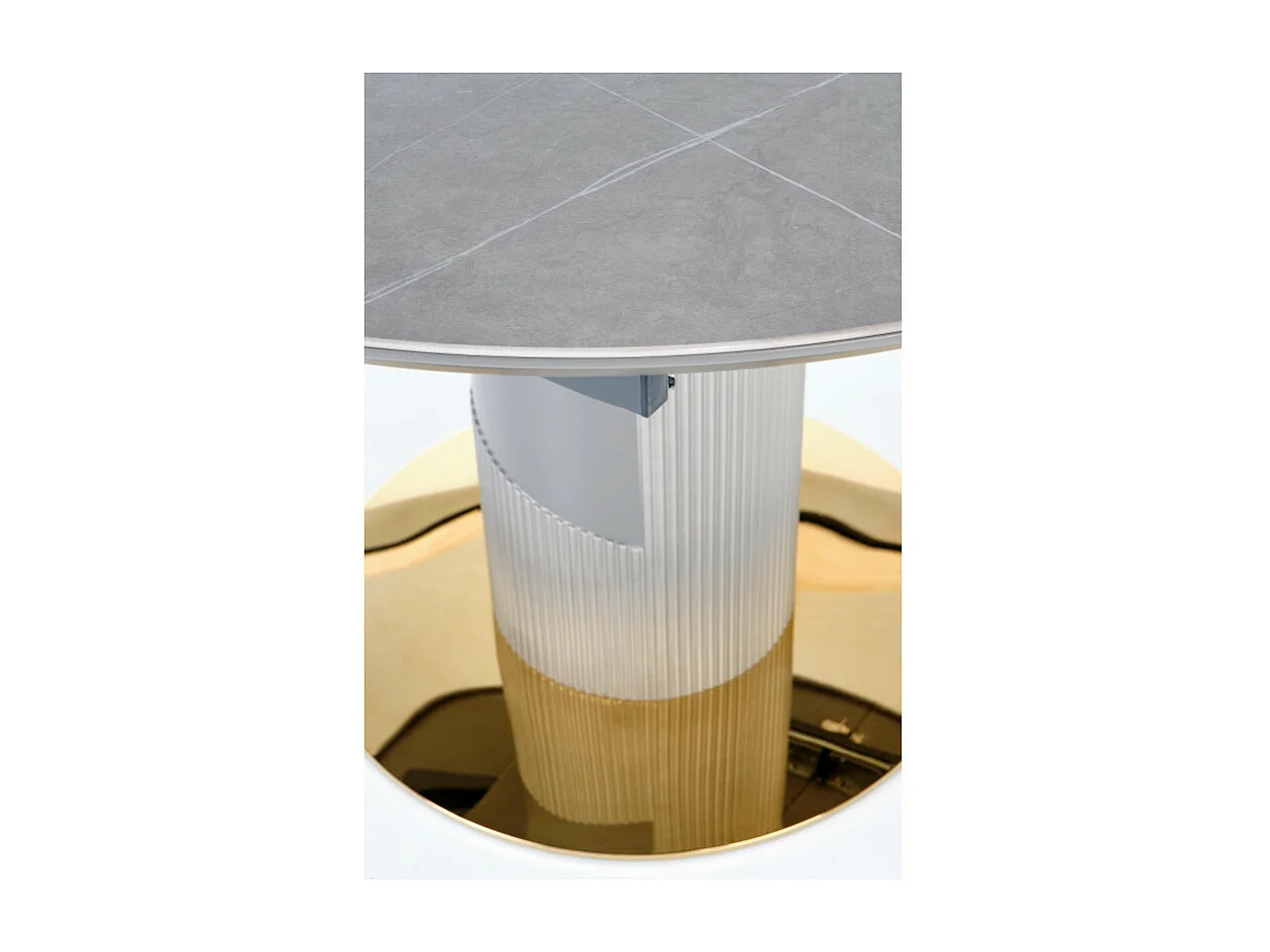 Tavolo rotondo allungabile con piano in simil marmo e gamba centrale RAM