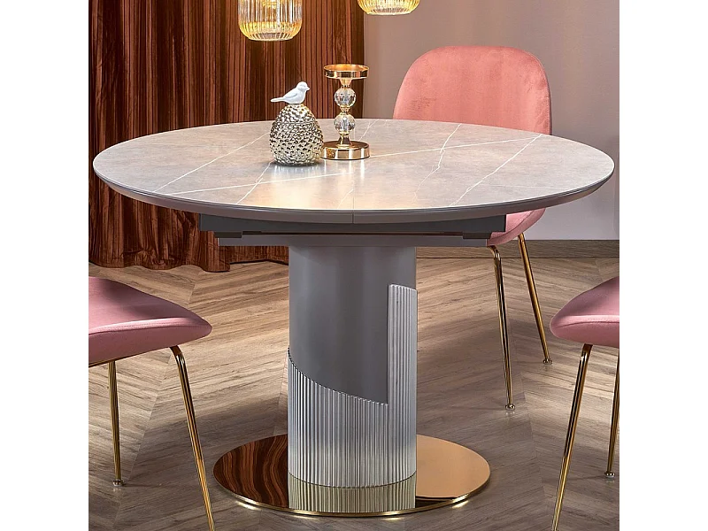 Table ronde extensible avec plateau aspect marbre et pied central RAM