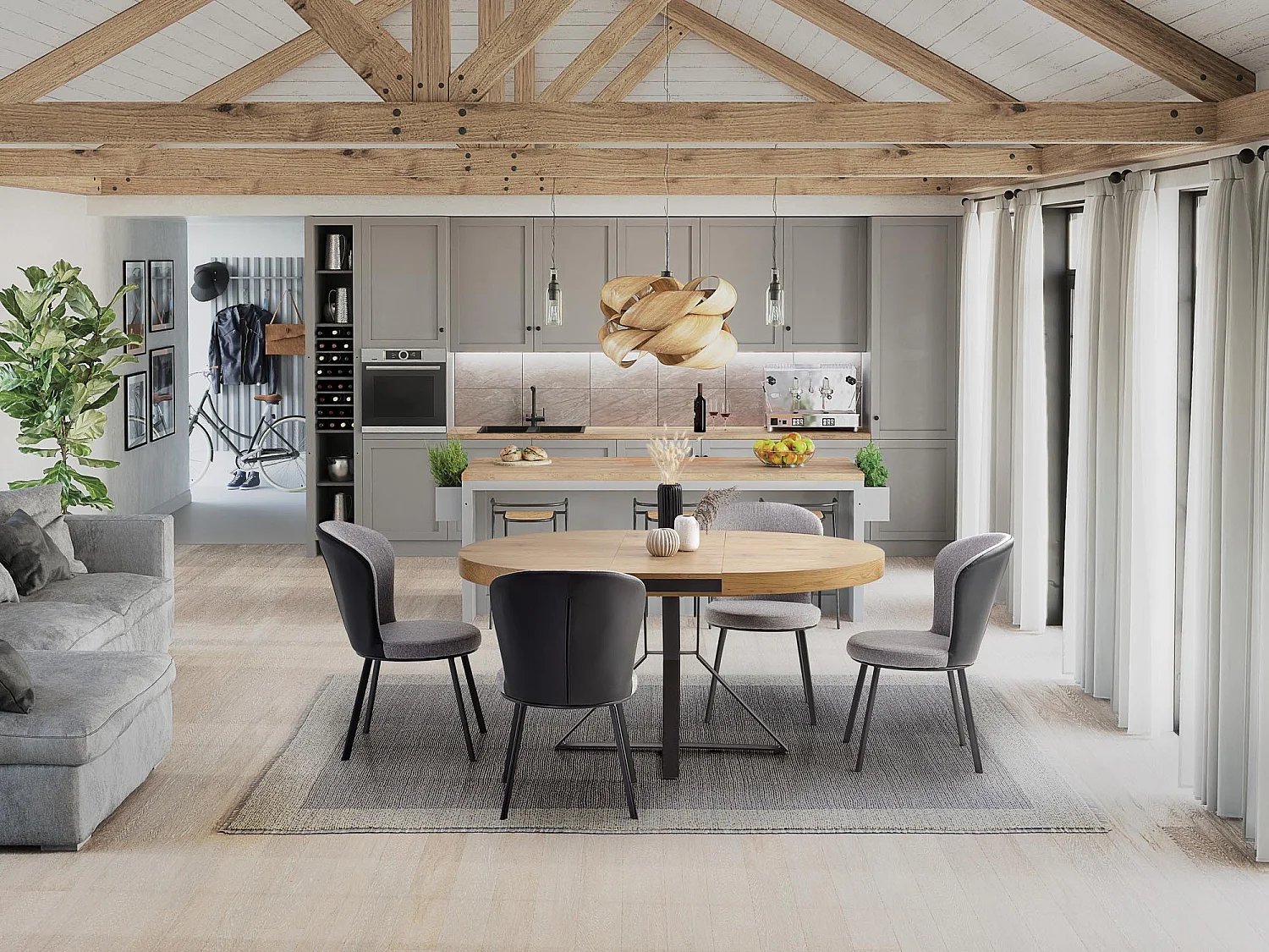 Table de salle à manger extensible avec plateau aspect chêne et pieds en métal noir CERVANTES