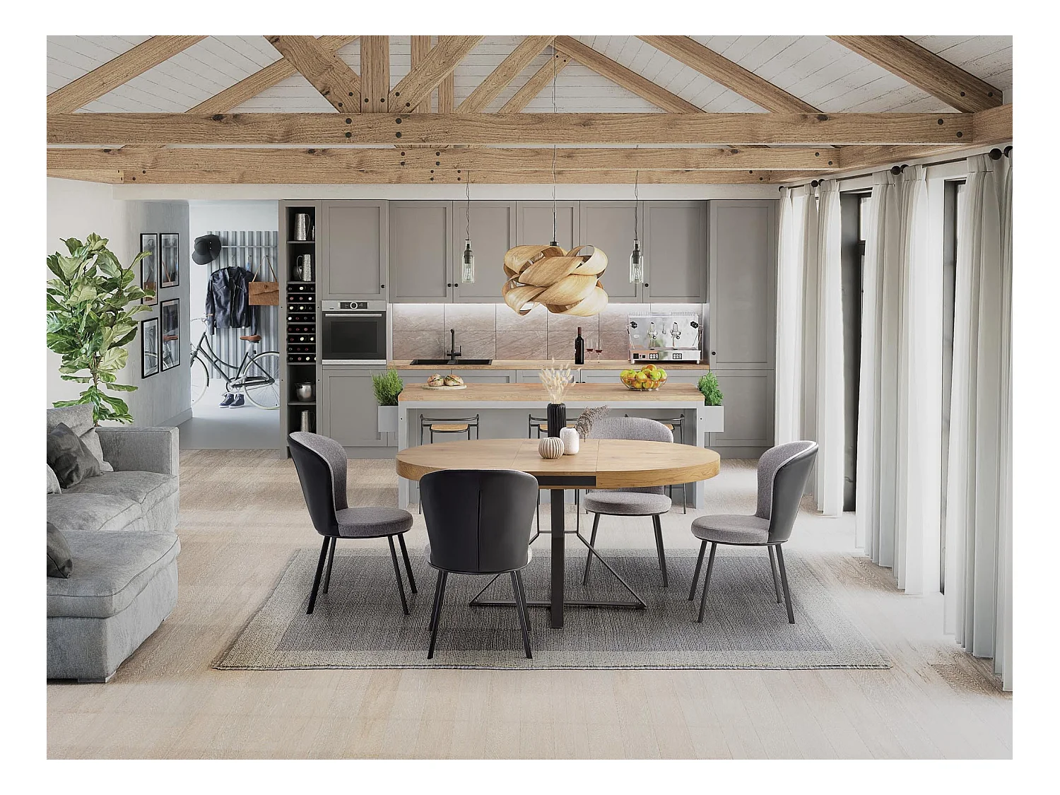 Table de salle à manger extensible avec plateau aspect chêne et pieds en métal noir CERVANTES