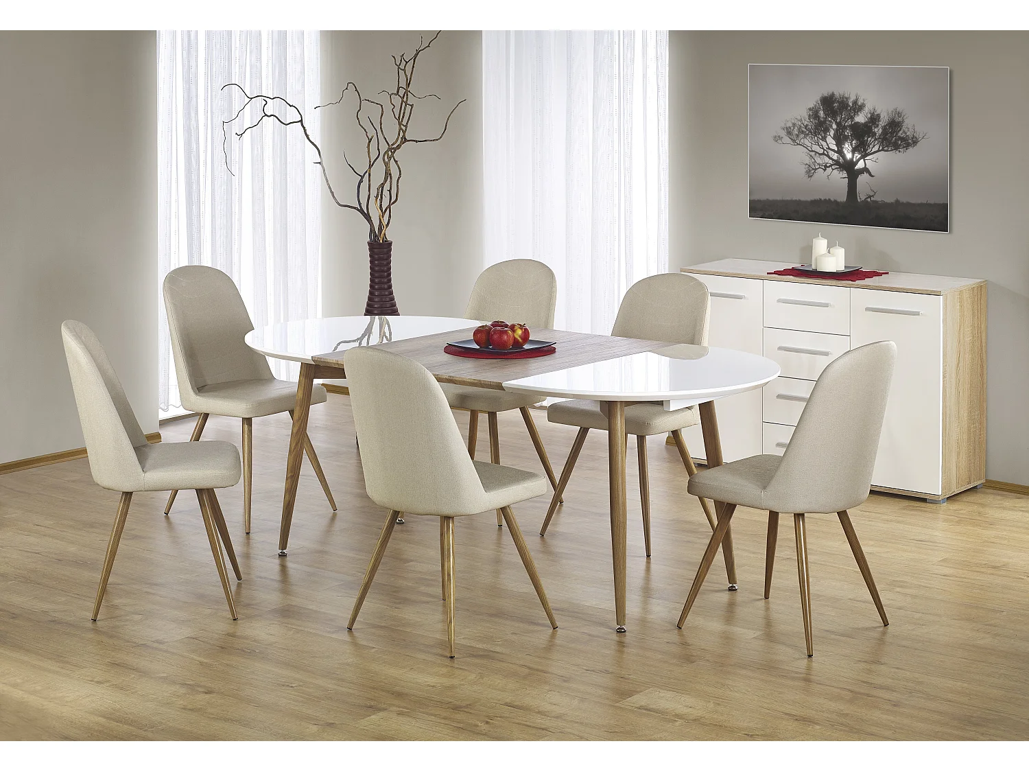 Tavolo da pranzo ovale allungabile in legno e laccato bianco Miya