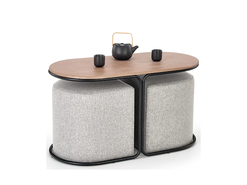 Ensemble table basse et deux poufs en tissu gris URSO