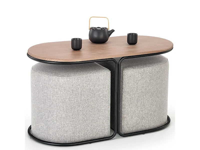Ensemble table basse et deux poufs en tissu gris URSO