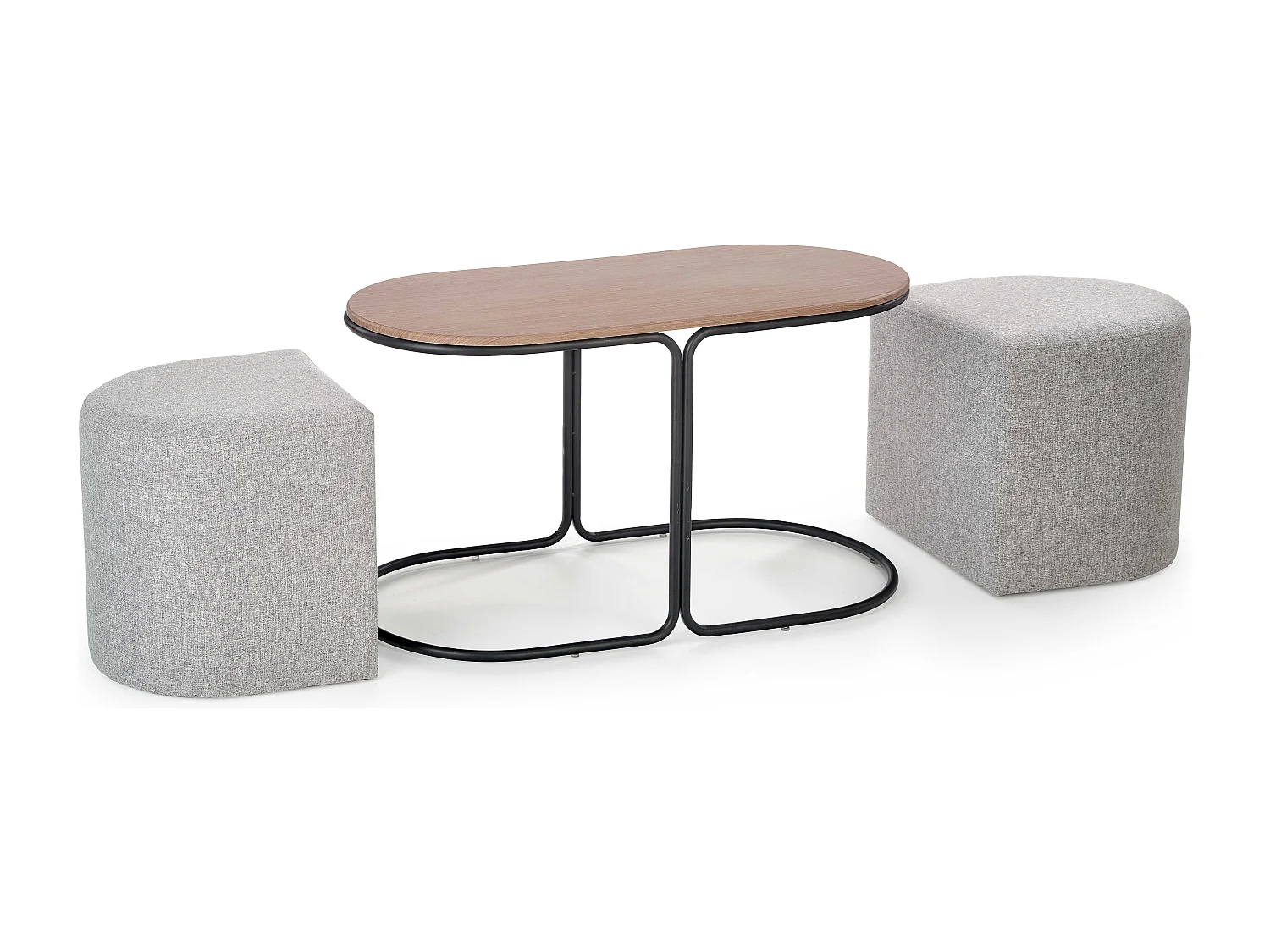 Ensemble table basse et deux poufs en tissu gris URSO