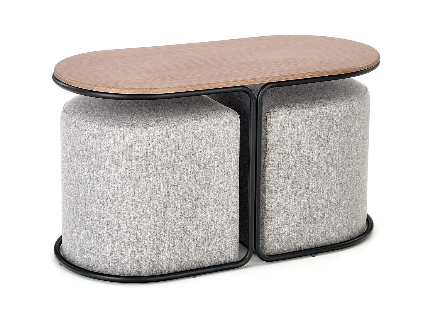 Ensemble table basse et deux poufs en tissu gris URSO