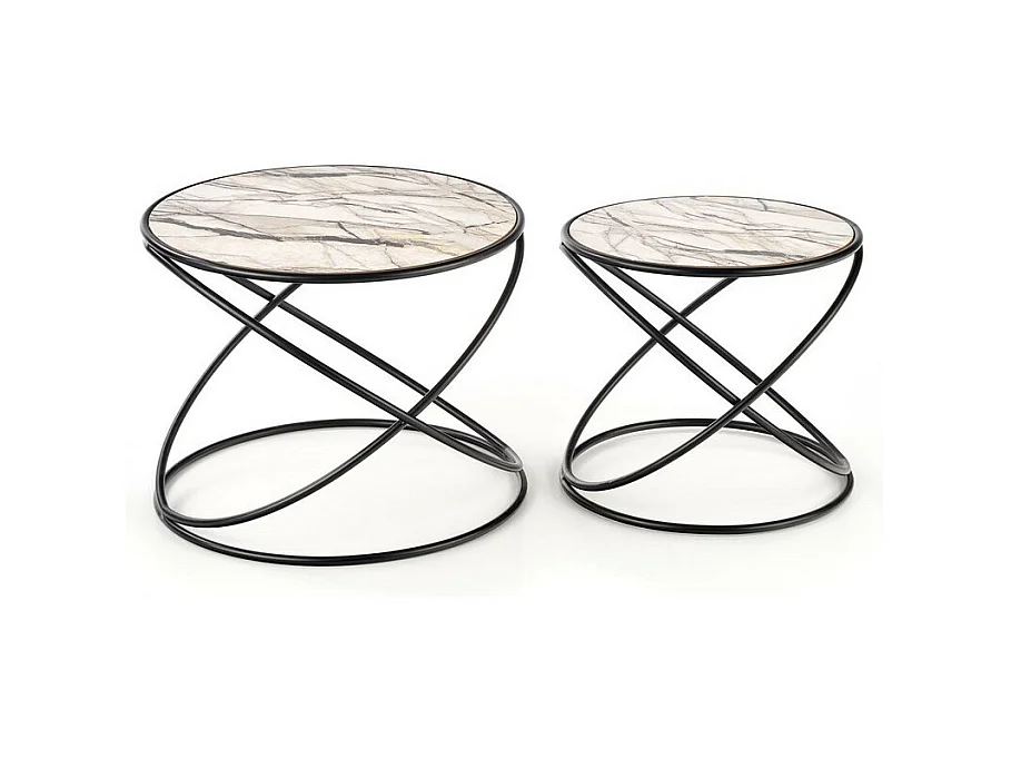 Ensemble de deux tables basses design avec plateau aspect marbre et structure en métal noir CARLINE