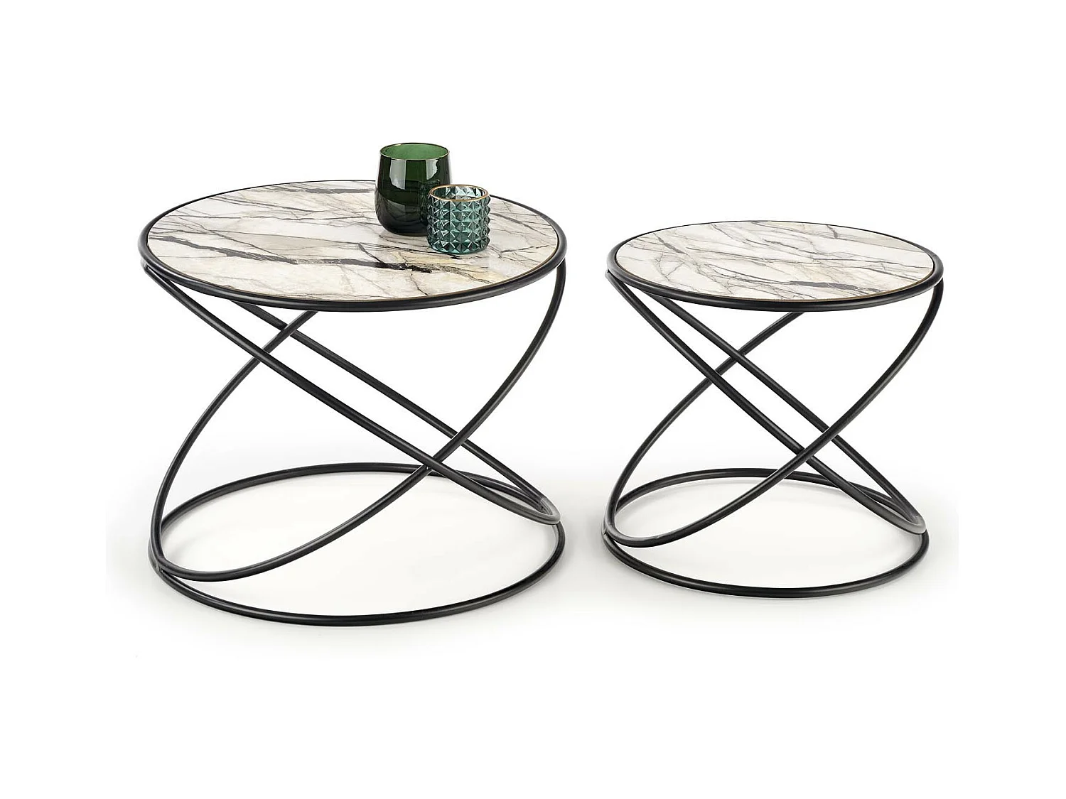 Ensemble de deux tables basses design avec plateau aspect marbre et structure en métal noir CARLINE