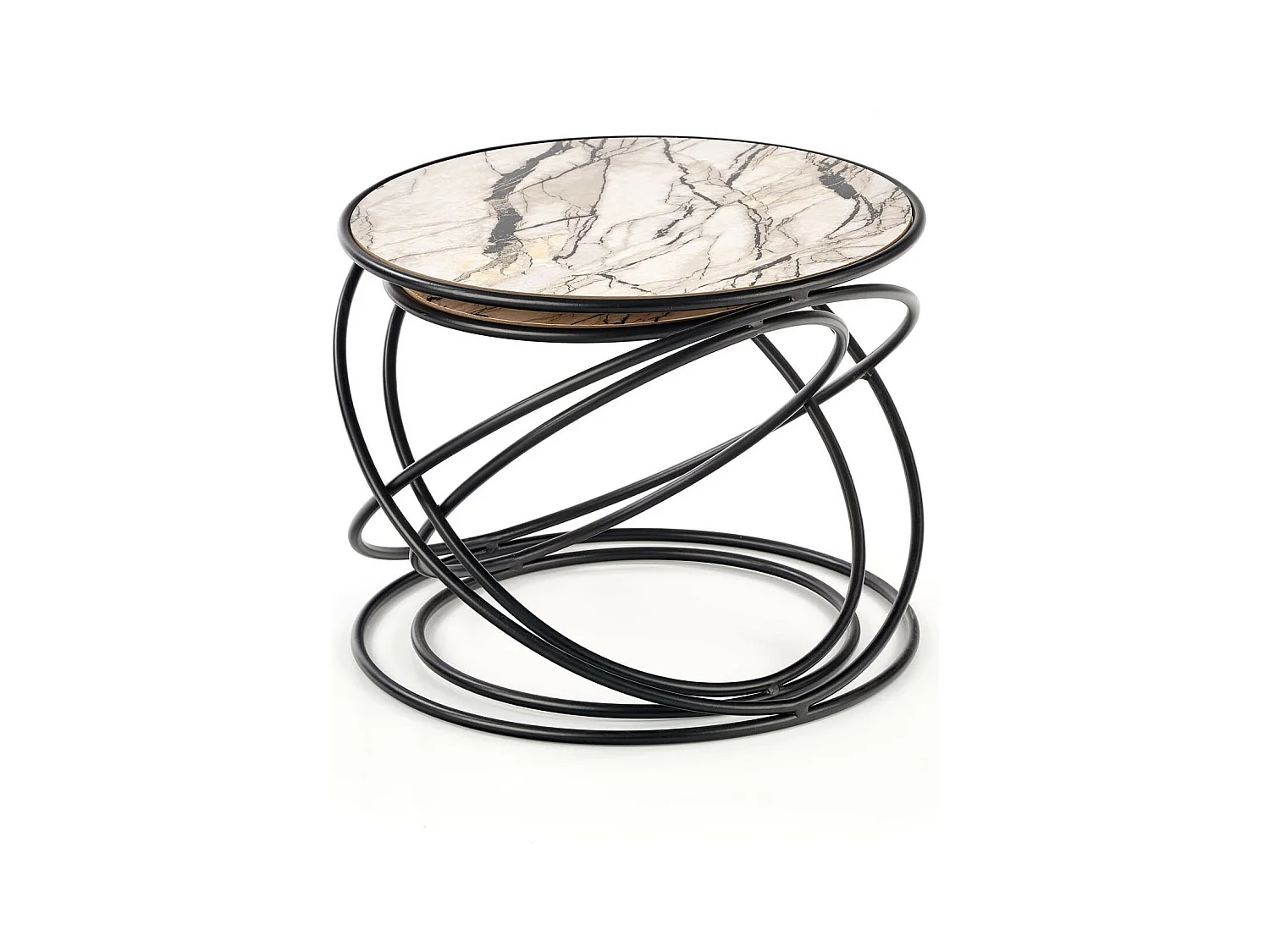 Ensemble de deux tables basses design avec plateau aspect marbre et structure en métal noir CARLINE