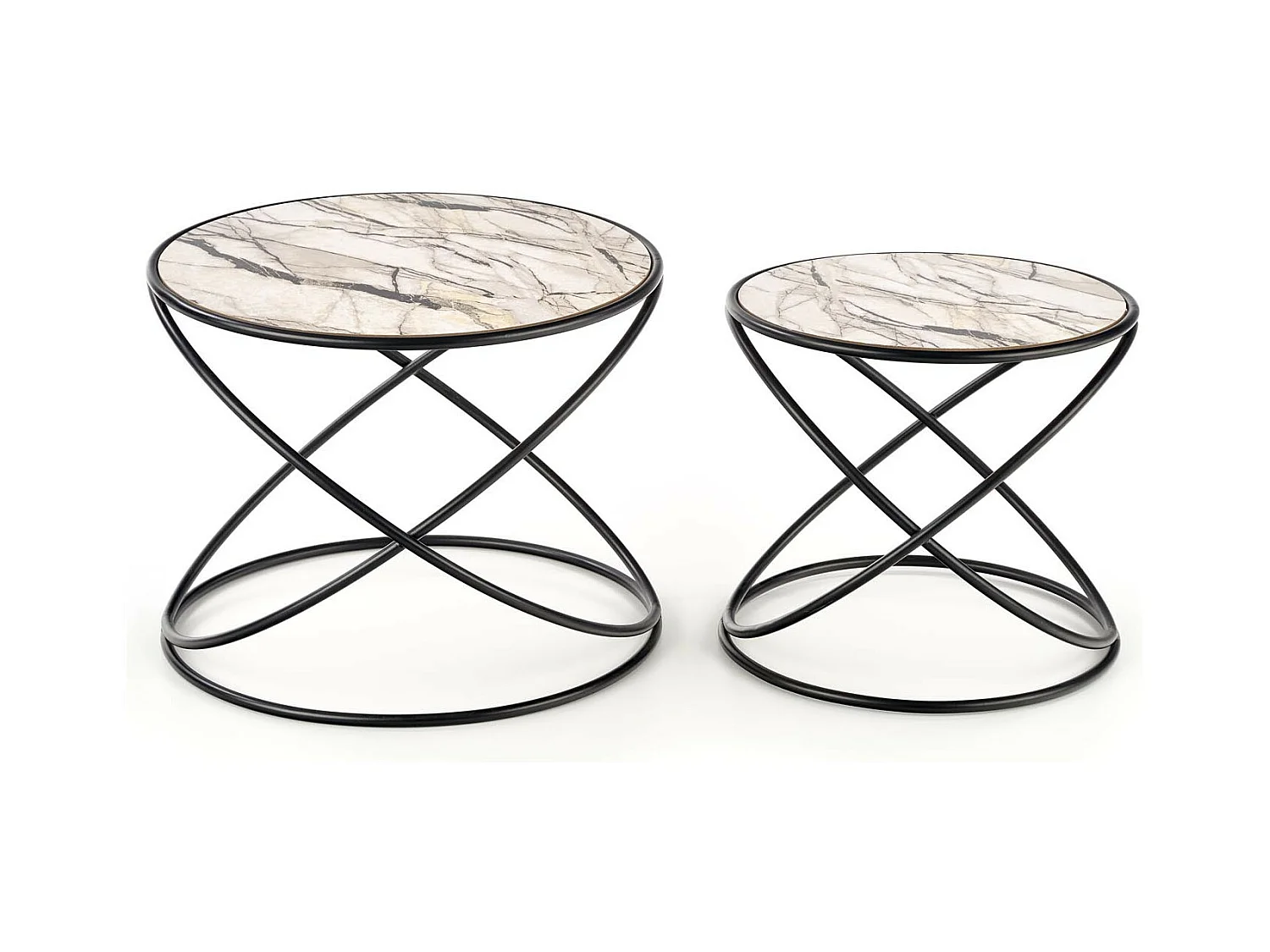 Ensemble de deux tables basses design avec plateau aspect marbre et structure en métal noir CARLINE