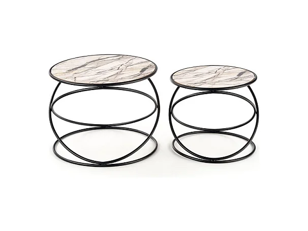 Ensemble de deux tables basses design avec plateau aspect marbre et structure en métal noir CARLINE