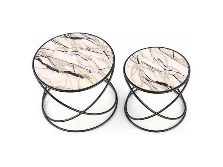Ensemble de deux tables basses design avec plateau aspect marbre et structure en métal noir CARLINE
