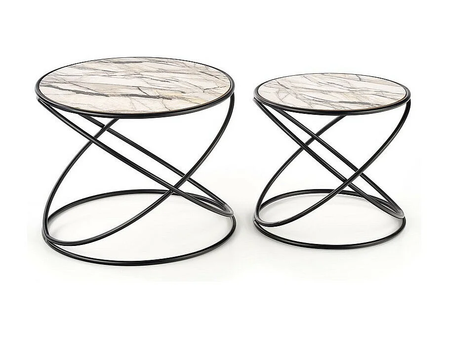 Ensemble de deux tables basses design avec plateau aspect marbre et structure en métal noir CARLINE