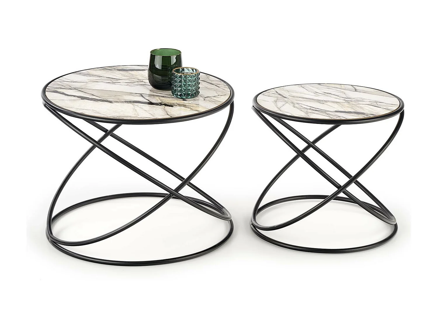 Ensemble de deux tables basses design avec plateau aspect marbre et structure en métal noir CARLINE