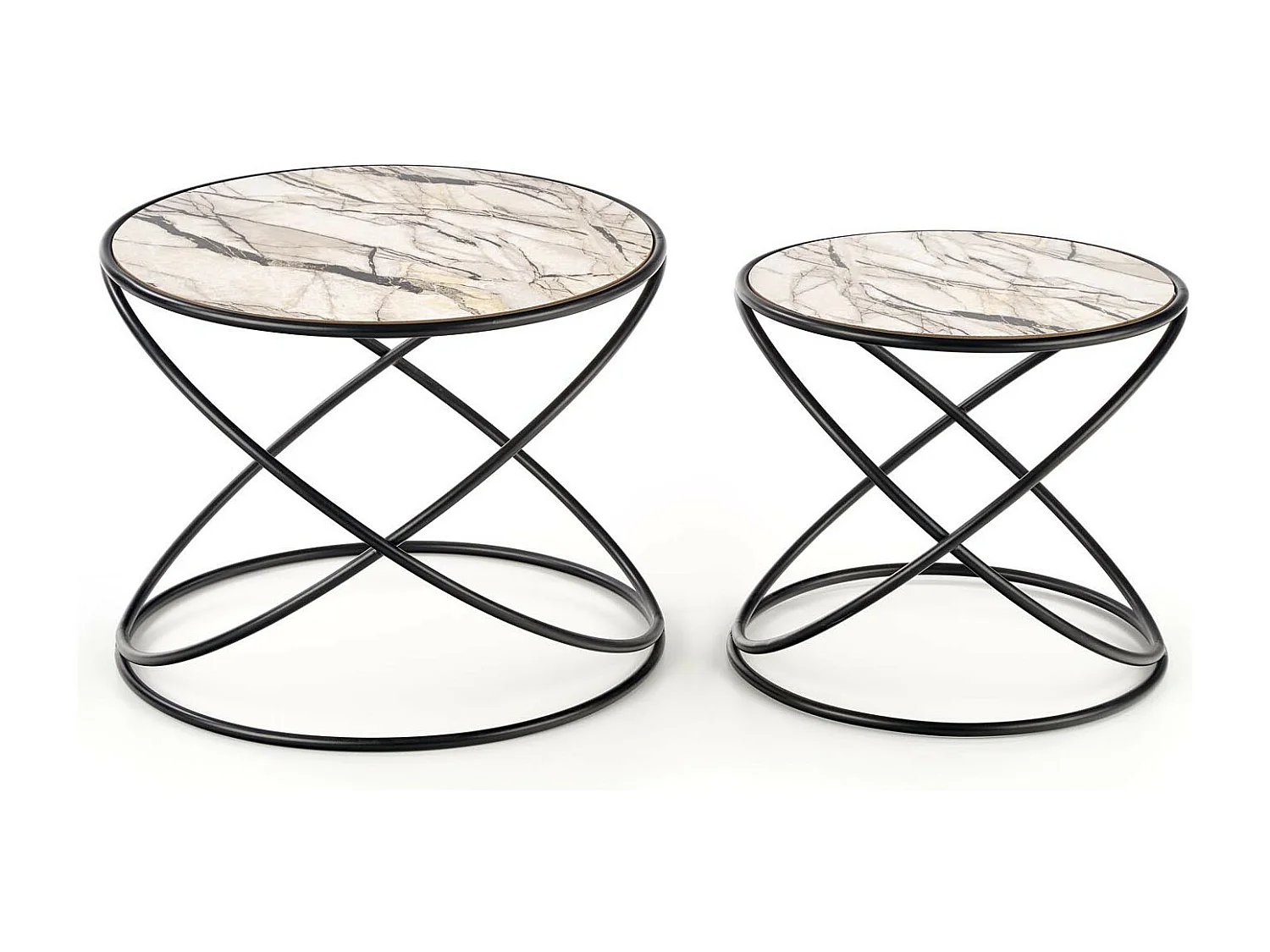 Ensemble de deux tables basses design avec plateau aspect marbre et structure en métal noir CARLINE