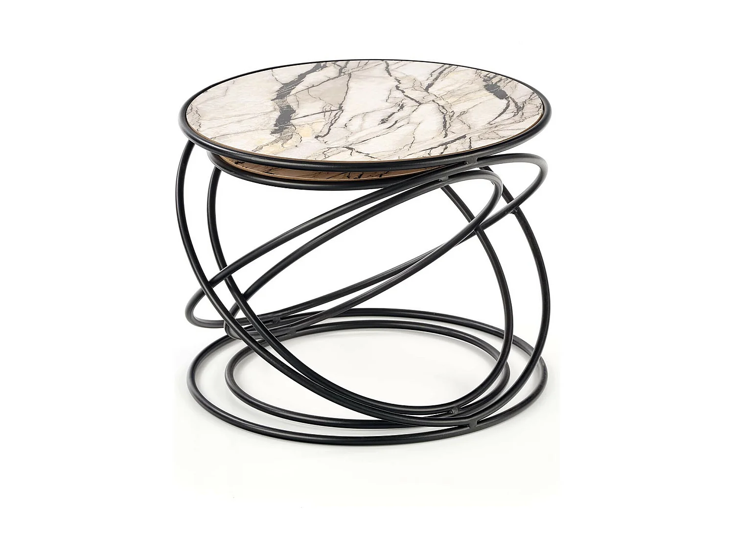 Ensemble de deux tables basses design avec plateau aspect marbre et structure en métal noir CARLINE