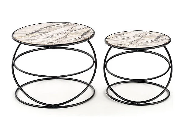 Ensemble de deux tables basses design avec plateau aspect marbre et structure en métal noir CARLINE