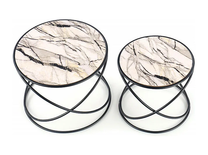 Ensemble de deux tables basses design avec plateau aspect marbre et structure en métal noir CARLINE