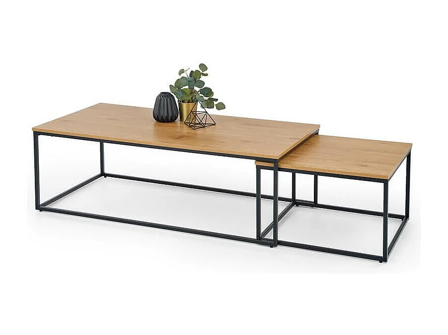 Ensemble de deux tables gigognes avec plateaux aspect chêne doré et structure acier noir Narbonne