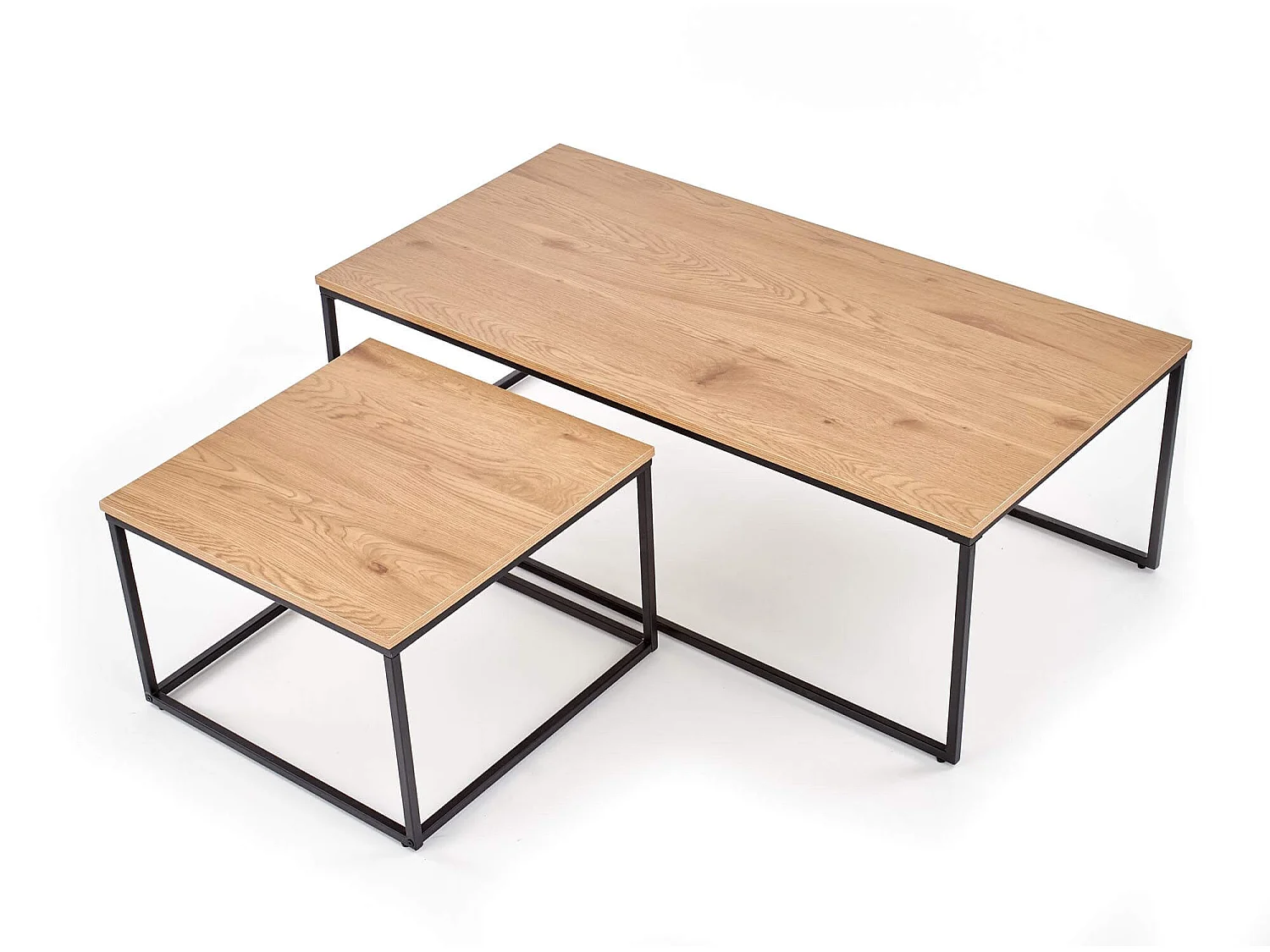 Ensemble de deux tables gigognes avec plateaux aspect chêne doré et structure acier noir Narbonne