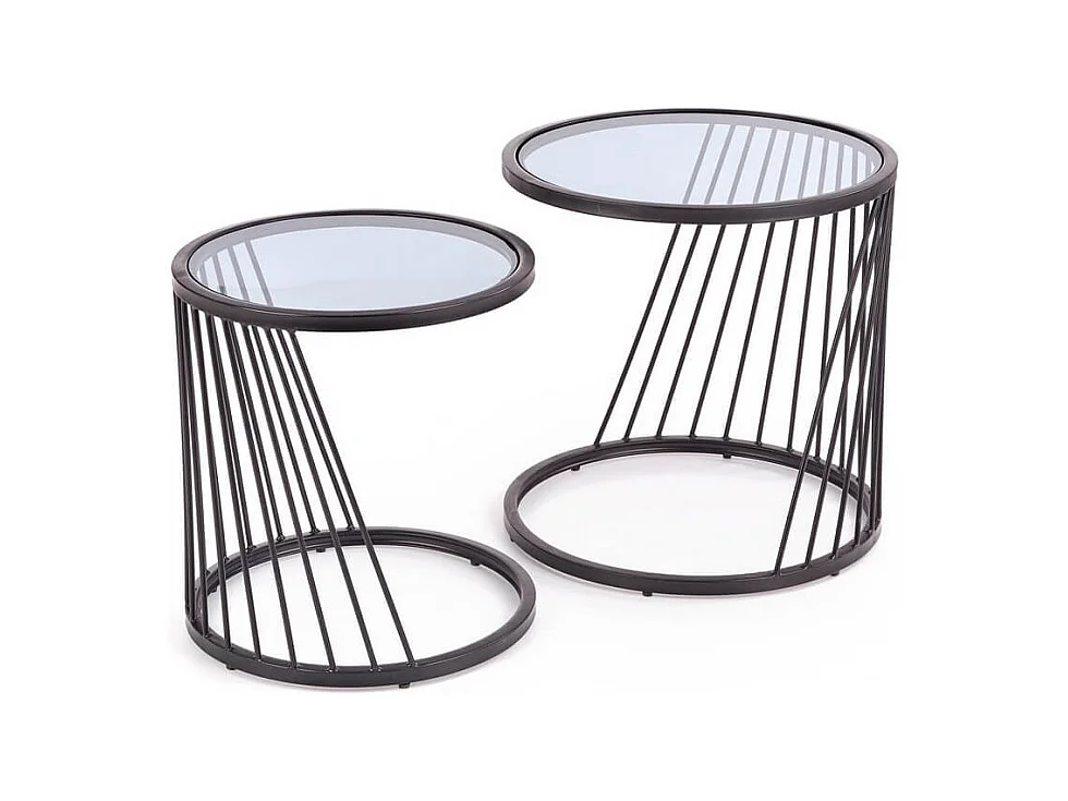 Ensemble de deux tables basses gigognes design avec structure en acier noir et plateau en verre Rapture