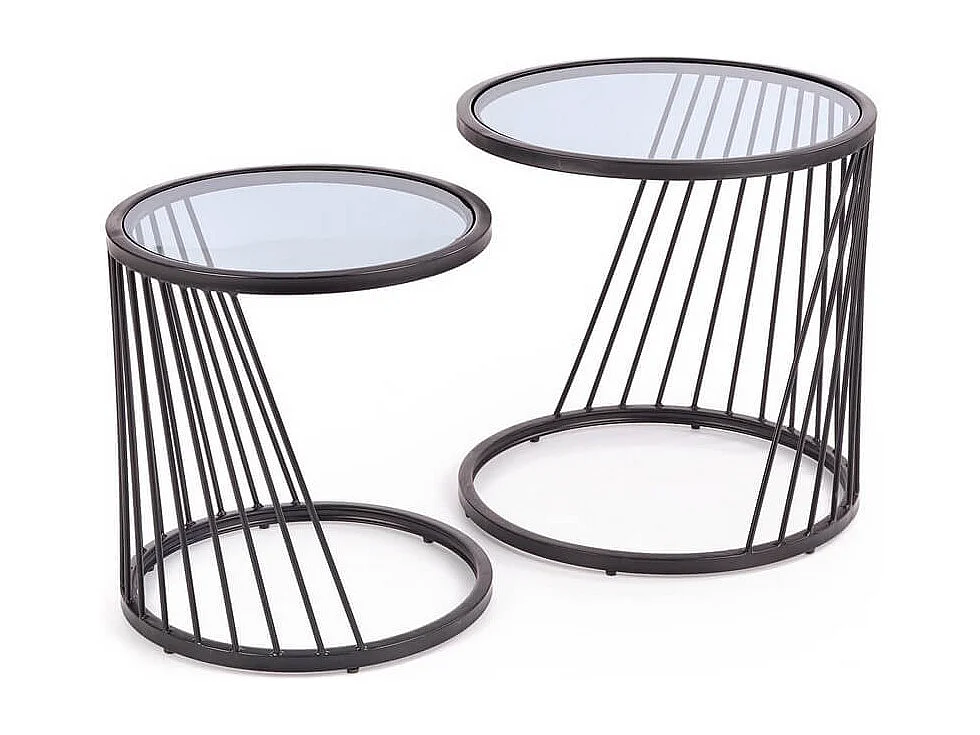 Ensemble de deux tables basses gigognes design avec structure en acier noir et plateau en verre Rapture