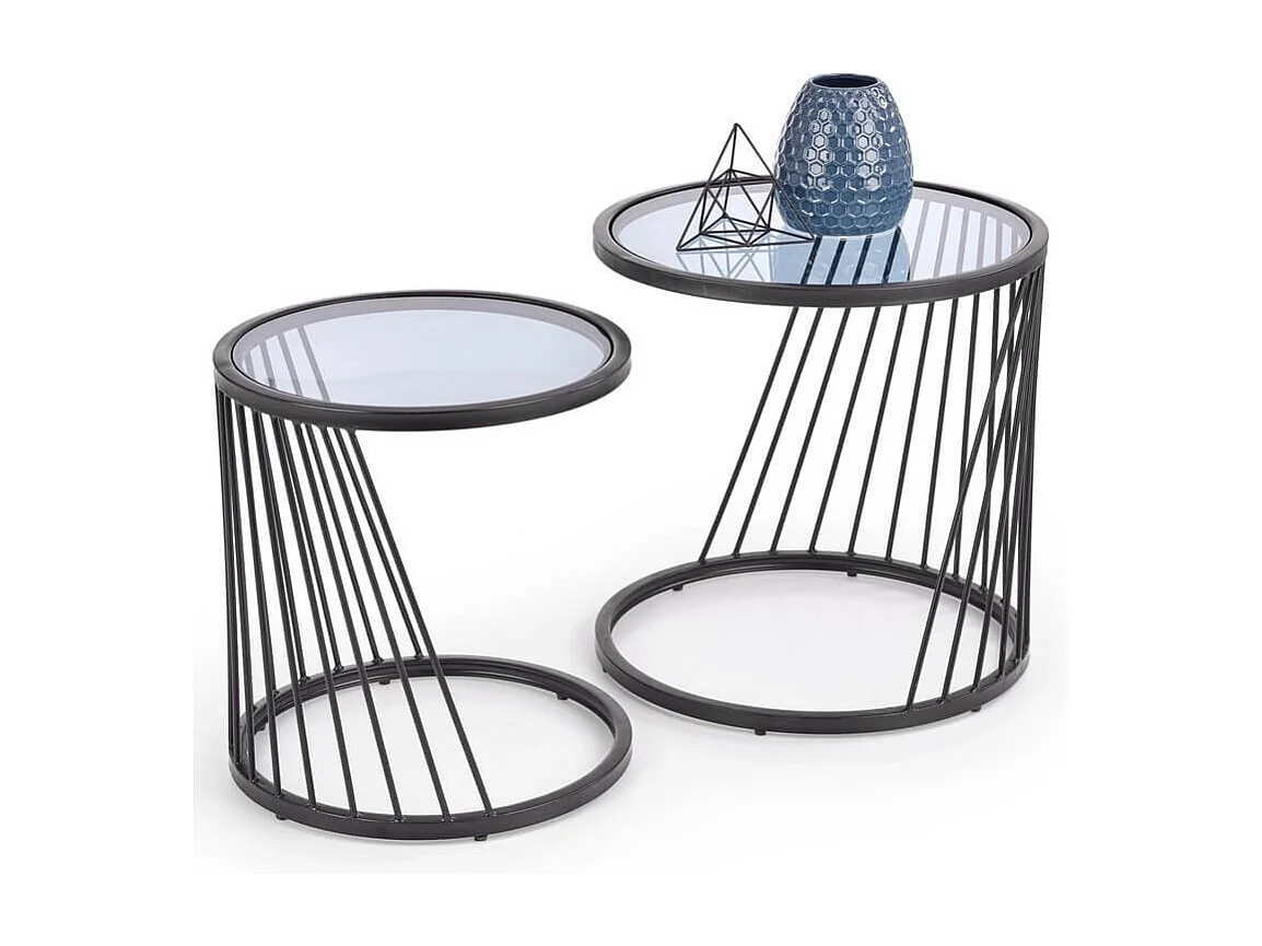 Ensemble de deux tables basses gigognes design avec structure en acier noir et plateau en verre Rapture