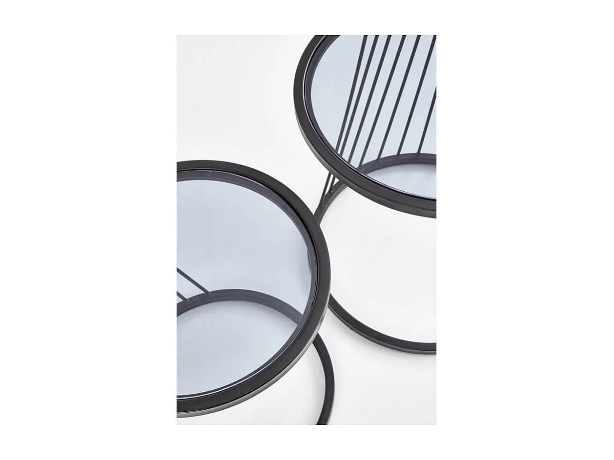 Ensemble de deux tables basses gigognes design avec structure en acier noir et plateau en verre Rapture