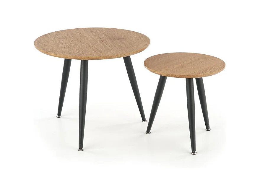 Ensemble de deux tables gigognes rondes aspect chêne doré avec pieds en métal noir SIRONA