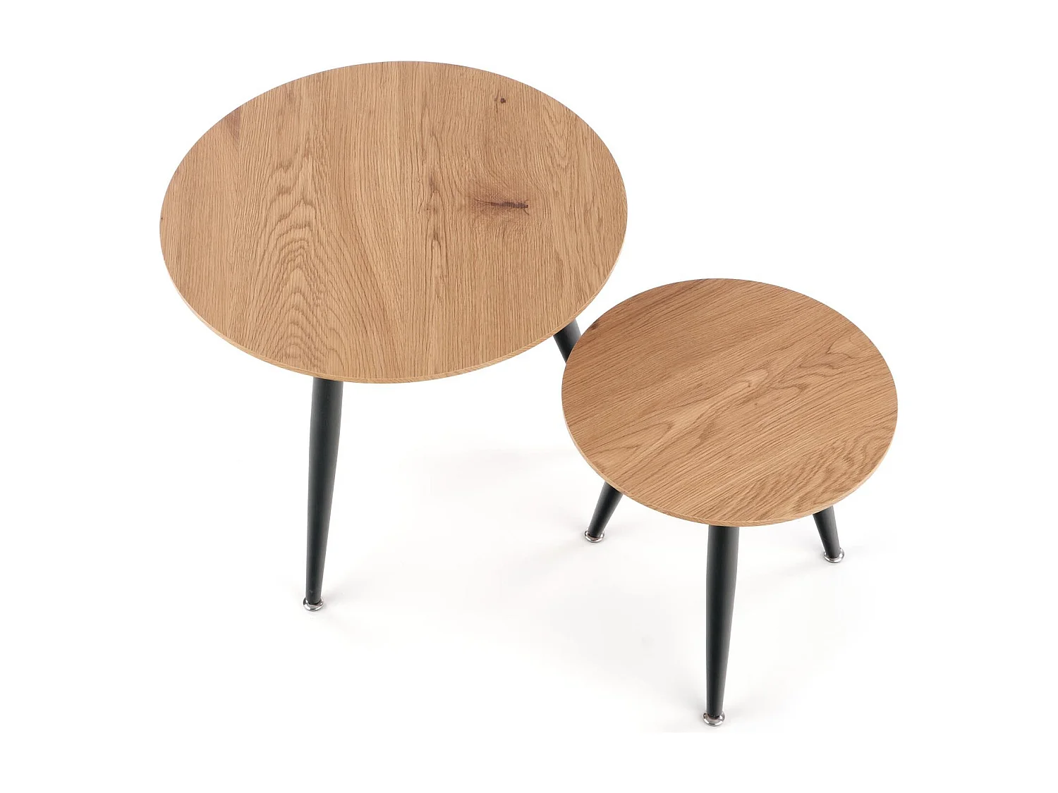 Ensemble de deux tables gigognes rondes aspect chêne doré avec pieds en métal noir SIRONA