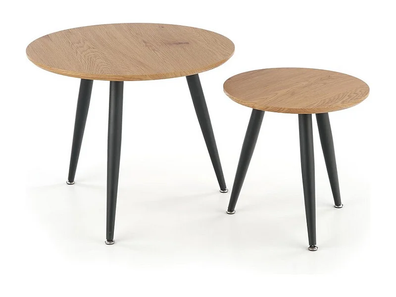 Set di due tavolini tondi in rovere dorato con gambe in metallo nero SIRONA