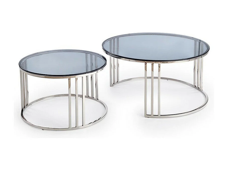 Ensemble de deux tables basses gigognes rondes avec plateaux en verre fumé et structure en acier chromé Salma