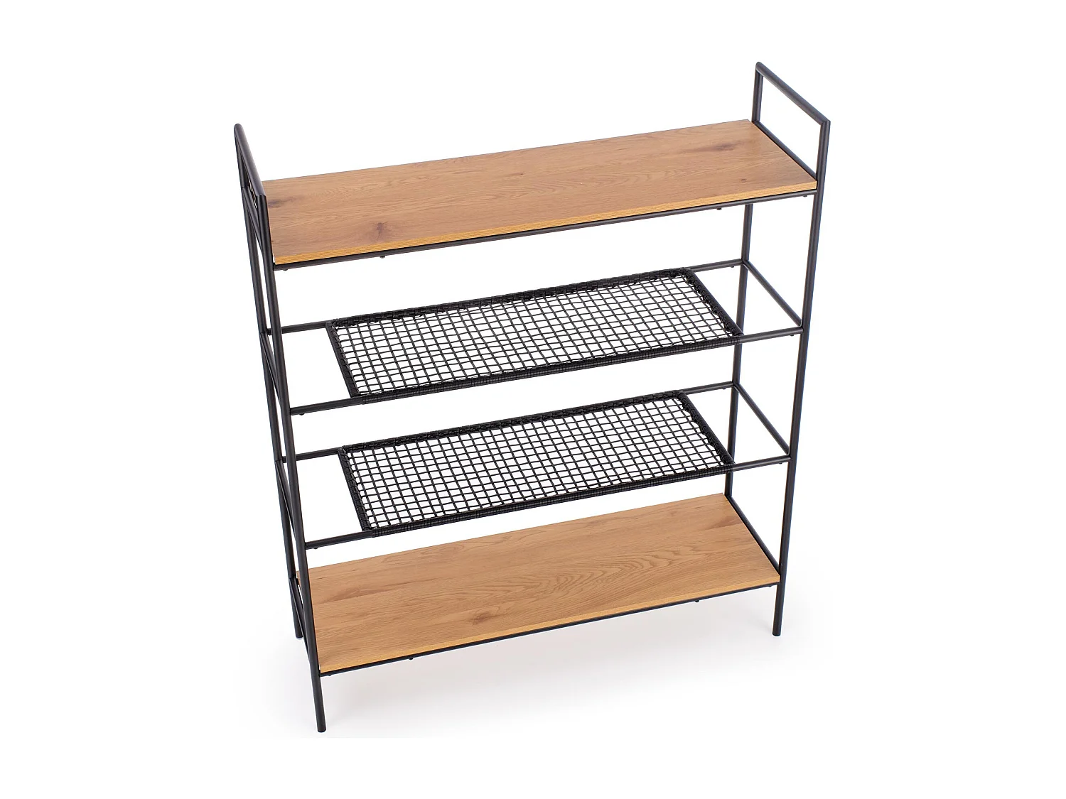 Etagère 4 niveaux en métal noir et aspect chêne doré FOLD