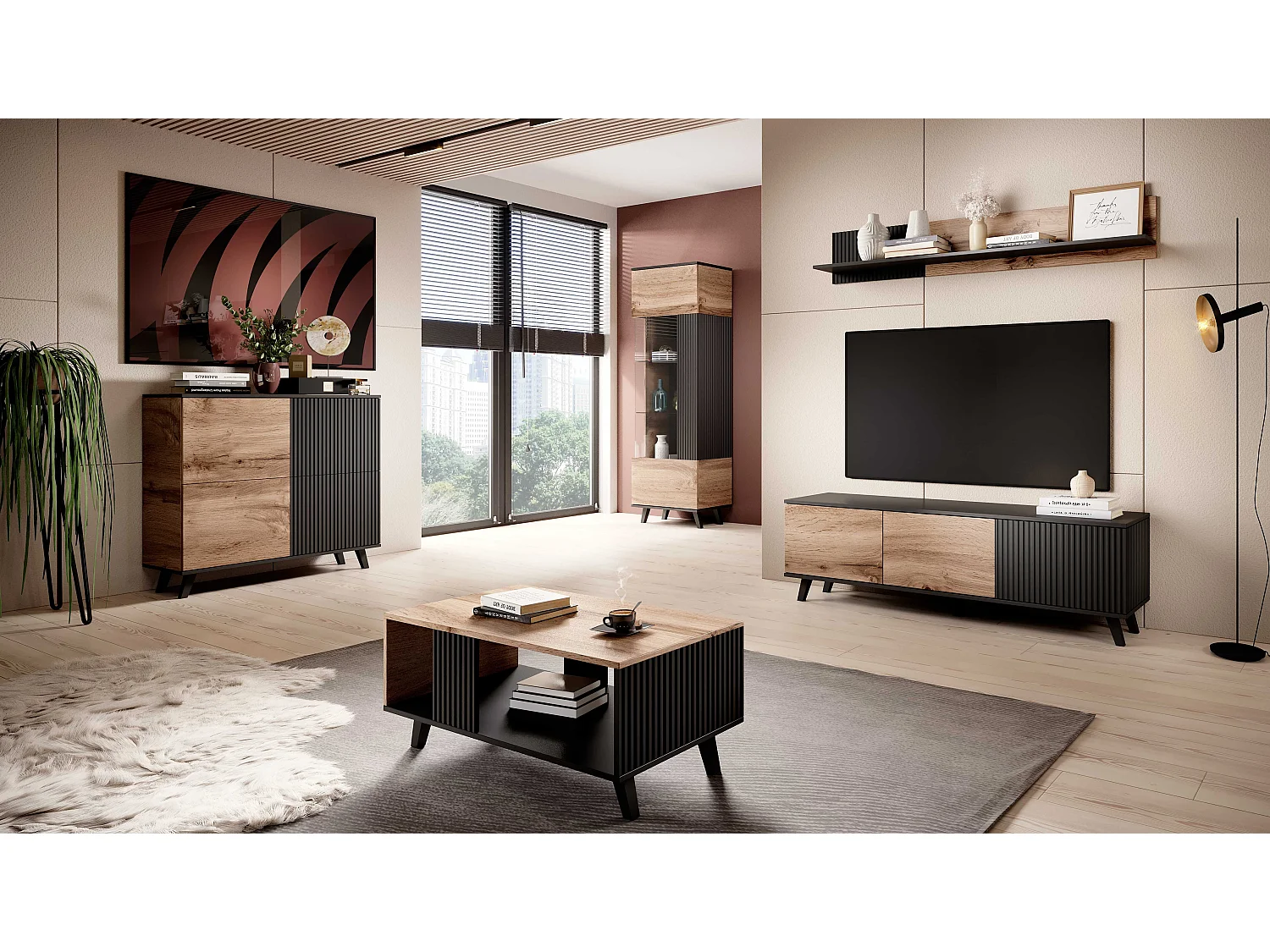 Étagère murale contemporaine aspect chêne wotan et noire 150 cm PUMP