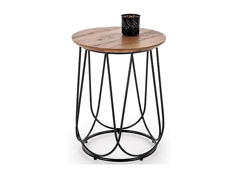 Table d'appoint ronde avec plateau aspect noyer et piètement design en acier noir Bocage