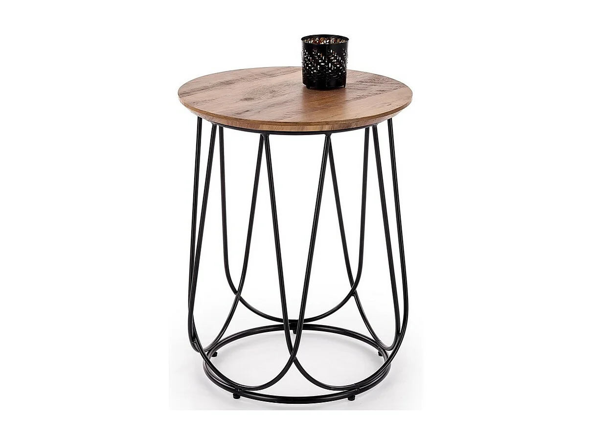 Table d'appoint ronde avec plateau aspect noyer et piètement design en acier noir Bocage