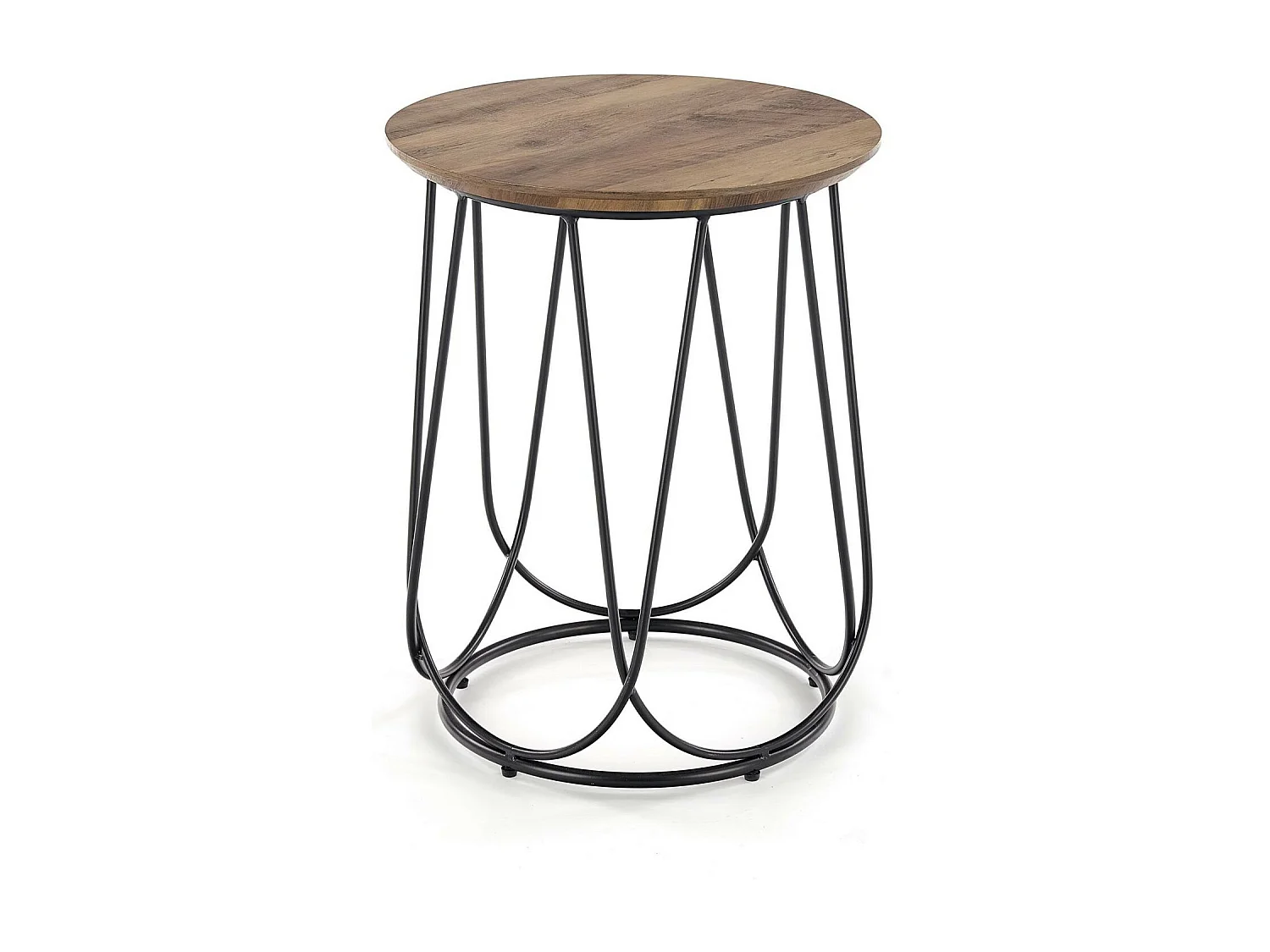 Table d'appoint ronde avec plateau aspect noyer et piètement design en acier noir Bocage